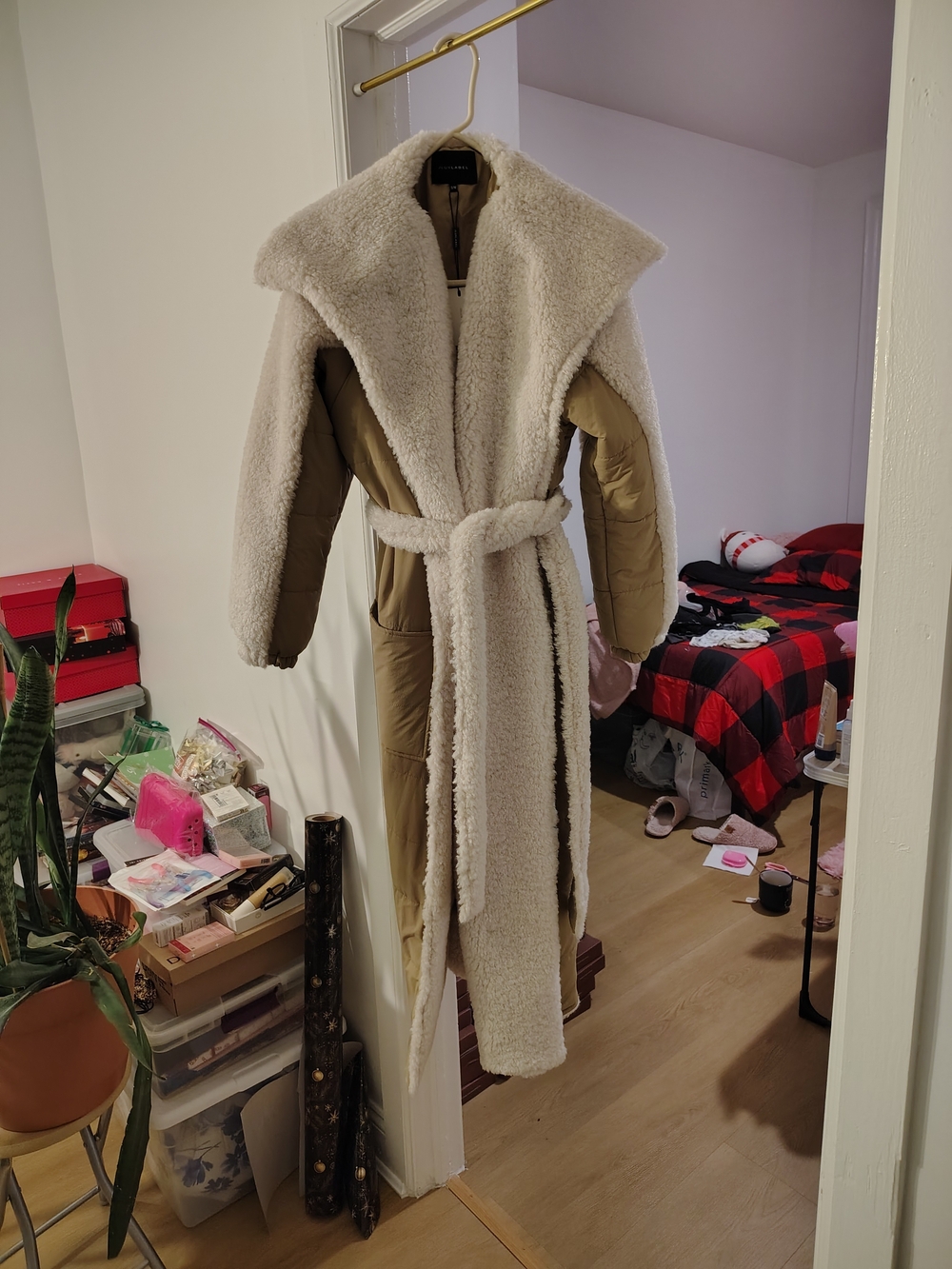 Wool-Trim Quilted Long Coat — Cream & Camel